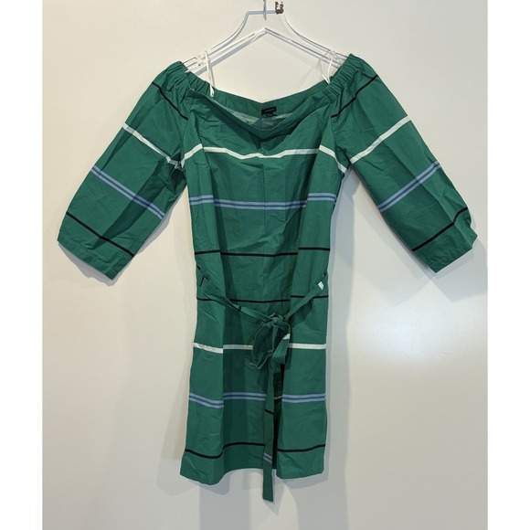Ann Taylor Off Shoulder Striped Poplin Belted 3/4 Sleeve Dress Size 8 - Picture 2 of 7